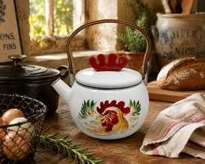 Vintage Rooster Enamel Tea Kettle White Country Farmhouse Wood Handle 8" Pot